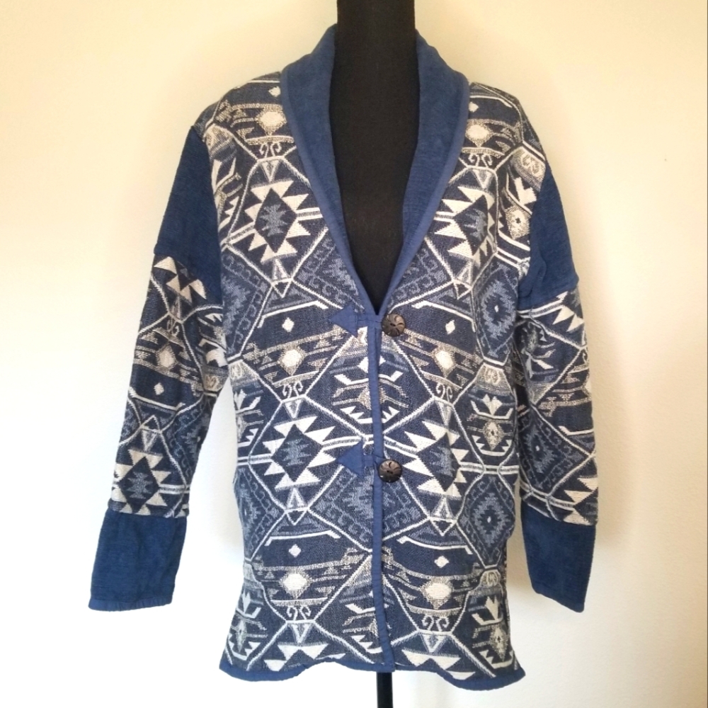 Anu by Natural tapestry jacket blue Aztec design 100% cotton SMALL FLAW